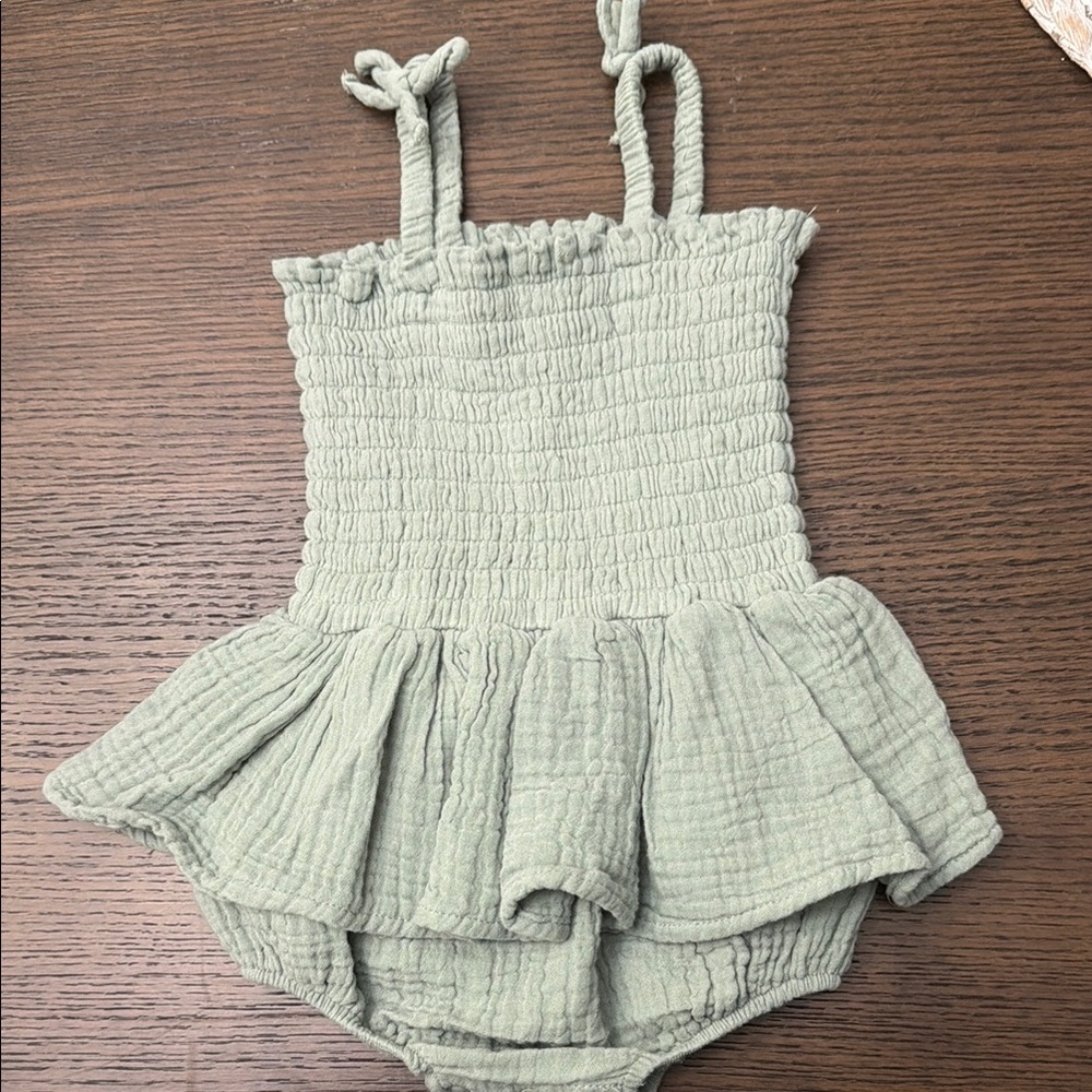 Angel Dear Sage Green Smocked Baby Romper with Ruffle